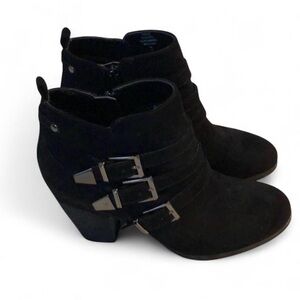 Crown Vintage Black Suede Ankle Booties with Buckle Detail